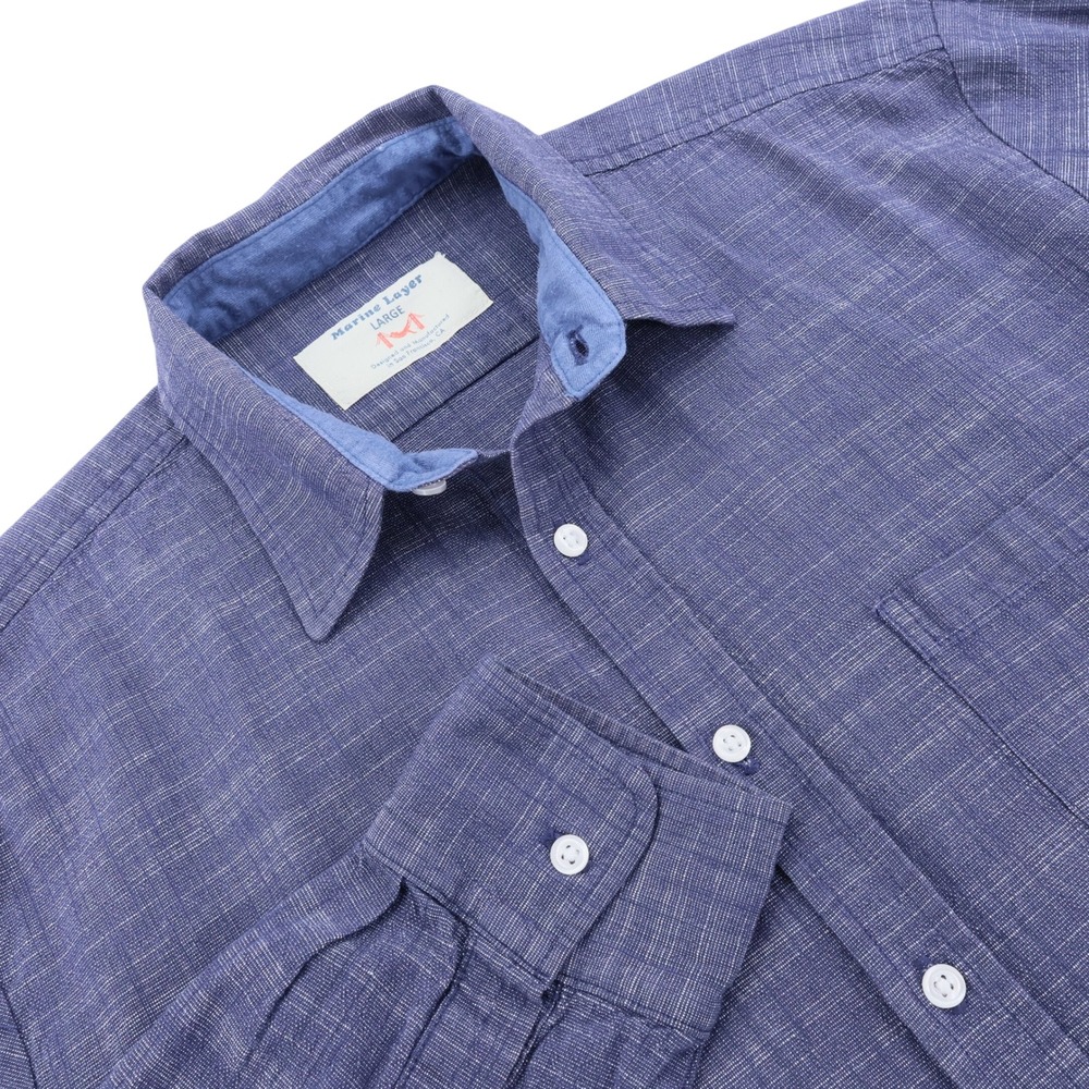 Marine Layer Mens Large Blue Slub Textured Long Sleeve Button Down Shirt Pocket